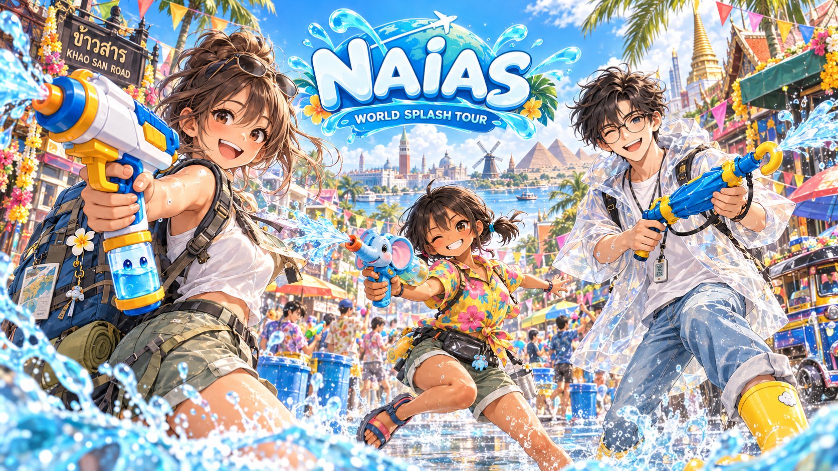 NAIAS World Splash Tour — 카오산 로드에서 물총을 든 여행자 셋이 물싸움을 벌이는 일러스트