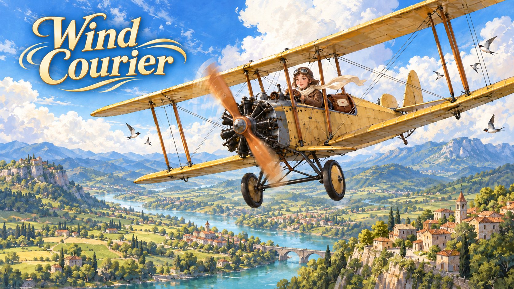 Wind Courier — 노란 복엽기를 탄 우편 비행사가 강과 언덕 마을 위를 나는 일러스트